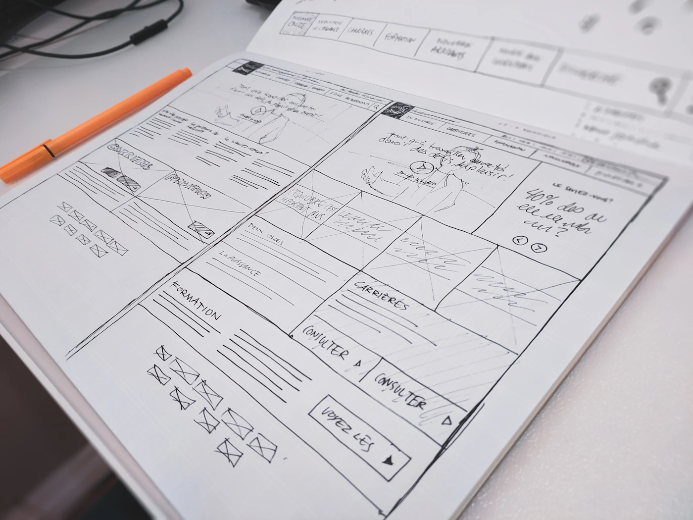 A paper website wireframe with handwritten layout notes and an orange pen